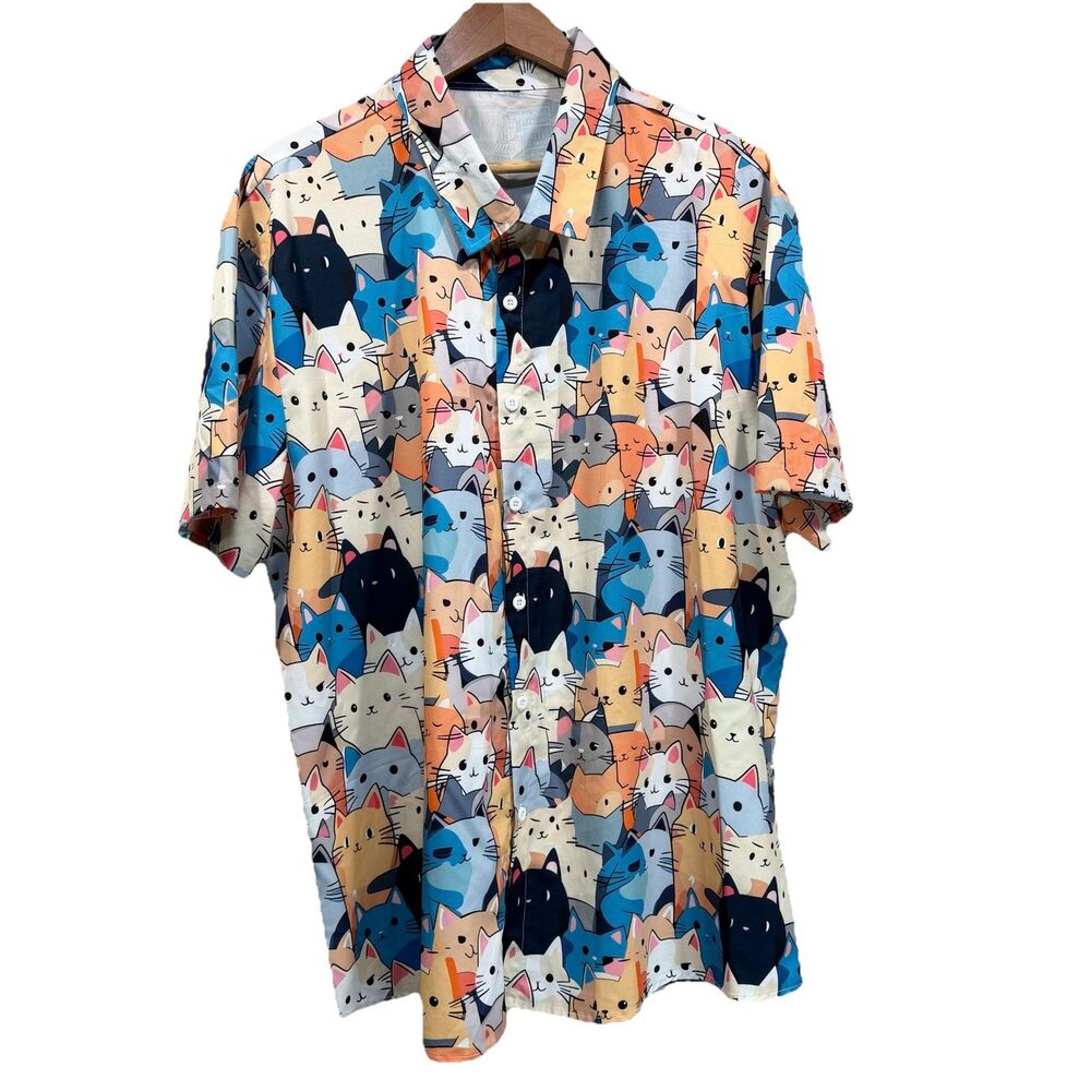 WELL DONE GOODS Men's Size 3XL All Over Cat Print Short Sleeves Button Up Shirt
